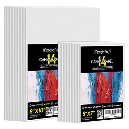 Magicfly Painting Canvas Panels, 5x7, 8x10, Set of 28 with Label Stickers, 100% Cotton Canvas Boards for Painting, Canvas with MDF Board Core, for Acrylic Paint, Oil Paint Dry & Wet Art Media, etc