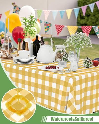 Smiry 8 Packs Gingham Disposable Table Cloth, 54 x 108 Inch Waterproof Plastic Tablecloth, Rectangle Gold and White CheckeGold Table Covers for Party, Birthday, Picnic, Banquet - color: Gold and White, size: 54"x108" (Pack of 8)