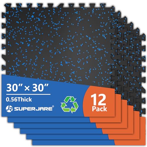SUPERJARE 30" x 30" Larger Rubber Top Exercise Equipment Mats, 0.56" Thick 12PCS 75 Sq Ft High-Density EVA Foam Interlocking Gym Flooring, Big Workout Mat for Home Gym, Floor Protection, Black/Blue - size: 12 Tiles (75 Sq Ft)