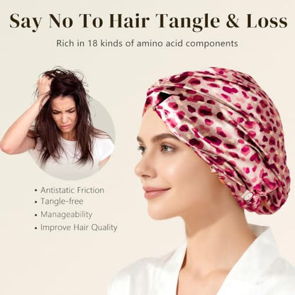 ZIMASILK 22 Momme 100% Pure Silk Bonnet for Sleeping, Leopard Pink/Purple - color: Leopard - Pink/Purple