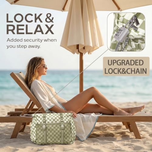Omanmoli Beach Bag for Women Large Waterproof Sandproof Tote 40oz Holder | Anti-theft Lock & Chain,12 Pockets,2 Insulated Foil Pockets,Checkered,Cruise Travel Vacation Picnic Pool Work Gym,Checkered - color: Beige&green