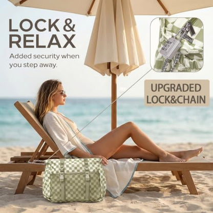 Omanmoli Beach Bag for Women Large Waterproof Sandproof Tote 40oz Holder | Anti-theft Lock & Chain,12 Pockets,2 Insulated Foil Pockets,Checkered,Cruise Travel Vacation Picnic Pool Work Gym,Checkered - color: Beige&green