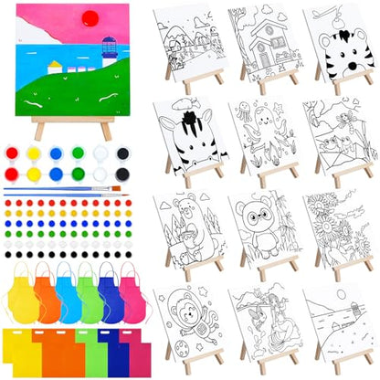 Tenceur 48 Pcs Kids Paint Party Favors Sets with 12 Pcs Animals Pre Drawn Canvas Panel and Wooden Easel Set Paint Pots and Brushes 12 Mini Apron and Tote Bag for Kids Girls Student Boys - style: Animal