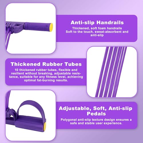 2026 Upgrade Detachable Pedal Resistance Band with Handle, 10 Tube Sit Up Pull Rope 3-in-1 Versatile Exercise Bands for Foot Pedal Pull, Chest Expand & Back Stretch (Purple)