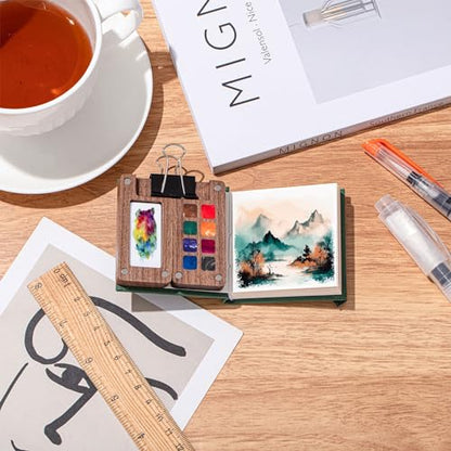 Qilery Mini Portable Watercolor Palette Set Wooden Grid Paint Box Watercolor Paper Sketch Book Brush Pens with Binder Clip for Painters Artist Not Include Paint(Pine Green) - style: Pine Green