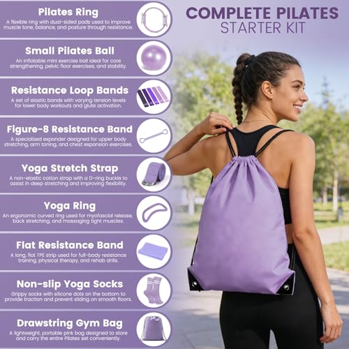 Pilates Kit for Women 13PCS, Pilates Ring Ball Resistance Bands Workout Set | Pilates equipment set for women and beginners, at home pilates kit for mat workouts, toning, stretching and strength training - color: Lavender