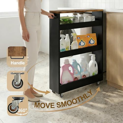 TEAMIX Wood 4-Tier Slim Rolling Storage Cart, 7.9"W, 24.8"D, 36.7"H, Black - color: Black