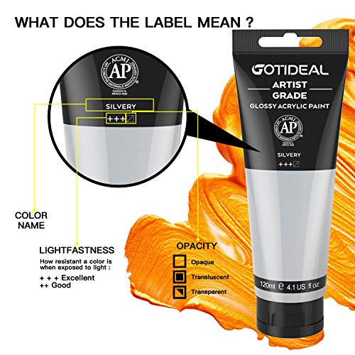 GOTIDEAL Metallic Acrylic Paint Silver Tubes(120ml, 4.1 oz) | Non Toxic, Non Fading, Rich Pigments,for Painters, Adults & Kids,Ideal for Canvas Wood Clay Fabric Ceramic Craft Supplies - color: Silver, style: Metallic