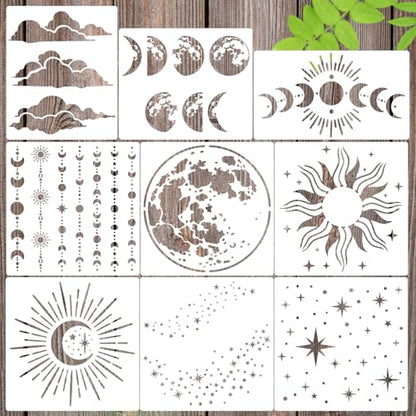 Moon Stencils for Painting Celestial Stencils Moon Phrase Stencil | Reusable Circular Stars Sun Clouds Stencil for Painting on Canvas Wood Furniture Fabric Walls - style: Moon
