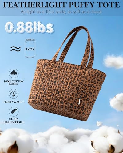 Bagstellar Quilted Tote Bag for Women Teacher Nurse Cotton Laptop Work Tote | Top Zip Closure Puffer Nursing School Travel Tote Bags with 40oz Cup Holder, Lightweight 14” Computer Shoulder Handbag Purses - color: Leopard