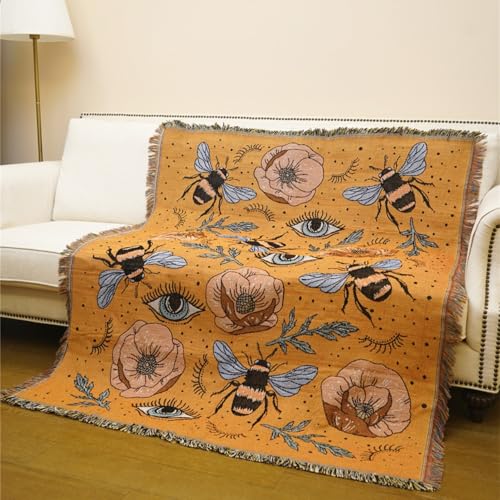 JQZ Bohemian Throw Blanket, Woven Cotton with Fringe, for Sofa, Bed, Picnic, Outdoor Camping (Bees and Flowers) - color: Bees and Flowers