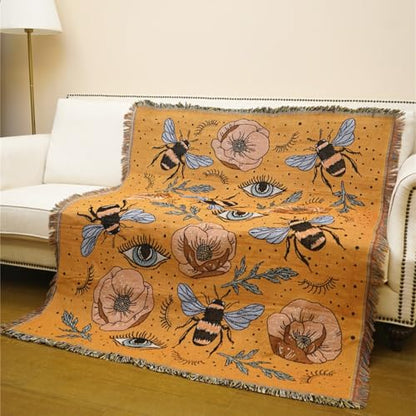 JQZ Bohemian Throw Blanket, Woven Cotton with Fringe, for Sofa, Bed, Picnic, Outdoor Camping (Bees and Flowers) - color: Bees and Flowers