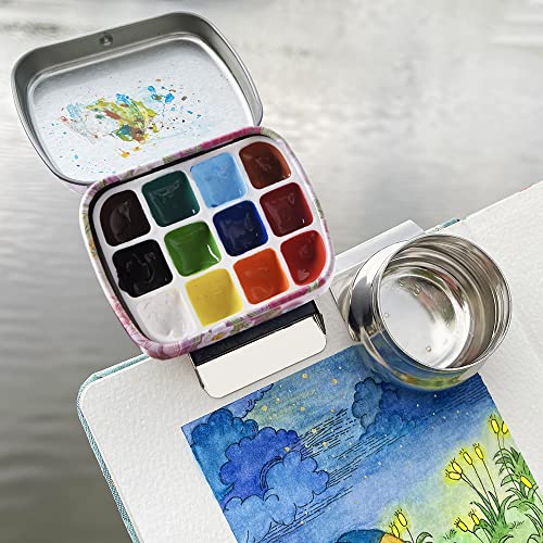 Portable Mini Tin Box 12-Well Empty Watercolor Palette Paint Mixing Tray is a Small Storage Travel Kit with Magnetic Clip and Oil Pot,Making it Perfect for Outdoor Sketching and DIY Painting.Flower - color: Palettes Sets-flower