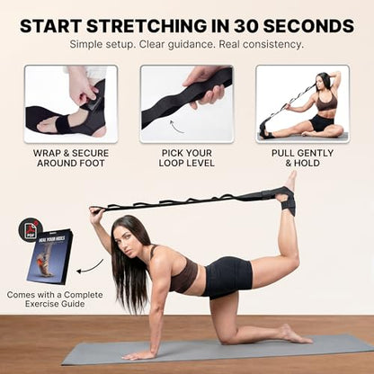DMoose Fitness Foot & Calf Stretcher with Adjustable Padded Stretching Strap for Plantar Fasciitis, Hamstring, Heel Spurs and Achilles Tendonitis Relief - Yoga Leg Stretch Strap for Flexibility - color: Black