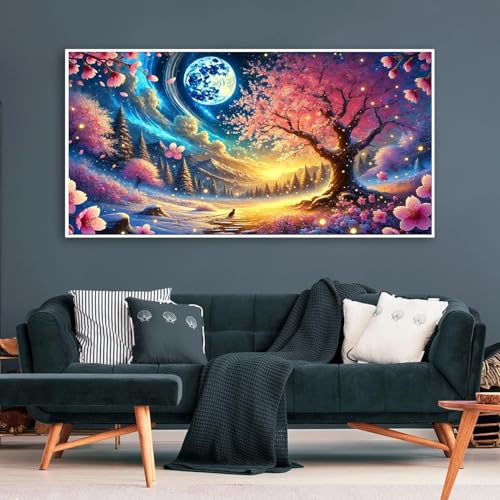Large Diamond Painting Kits for Adults - DIY 5D Pink Flowers and moon landscape Diamond Art Kits for Adults, Full Drill Flowers Diamond Art Painting, Gem Art Kits for Home Wall Decor 27.5 X 15.7inch - color: 25-34 The Moon and Trees