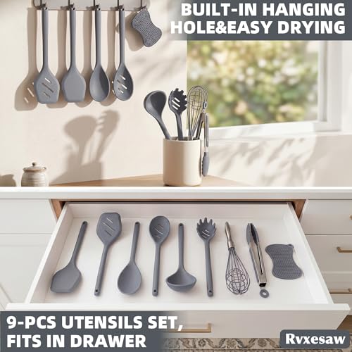 Kitchen Utensils Set,9 PCS Silicone Cooking Utensils Set Spatula Set,Tongs,Spoon,Whisk,Brush,Dishwasher Safe Kitchen Gadgets for Non-Stick Cookware,Home Essential，Kitchen Appliances Tool(Gray) - color: Gray