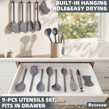 Kitchen Utensils Set,9 PCS Silicone Cooking Utensils Set Spatula Set,Tongs,Spoon,Whisk,Brush,Dishwasher Safe Kitchen Gadgets for Non-Stick Cookware,Home Essential，Kitchen Appliances Tool(Gray) - color: Gray