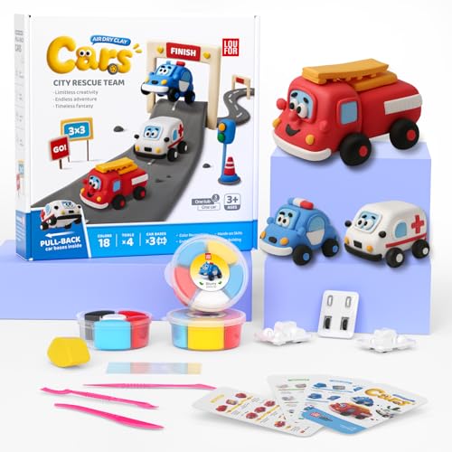 Air Dry Clay Kit for Kids - 3 Boxes Pull Back Car Making | Modeling Clay with Sculpting Tools, Base, Backing Board, Tutorial, Ultra Light & Soft, Creative DIY Arts and Crafts Toys - color: City Rescue Team