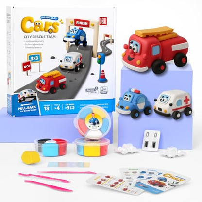 Air Dry Clay Kit for Kids - 3 Boxes Pull Back Car Making | Modeling Clay with Sculpting Tools, Base, Backing Board, Tutorial, Ultra Light & Soft, Creative DIY Arts and Crafts Toys - color: City Rescue Team