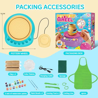 Pottery Wheel for Kids, Complete Kit with Air-Dry Clay, Ages 8-12 | Beginner pottery kit with air-dry clay, 12 paints, clay tools and apron - no kiln needed, screen-free craft gift ages 8-12 - color: Blue