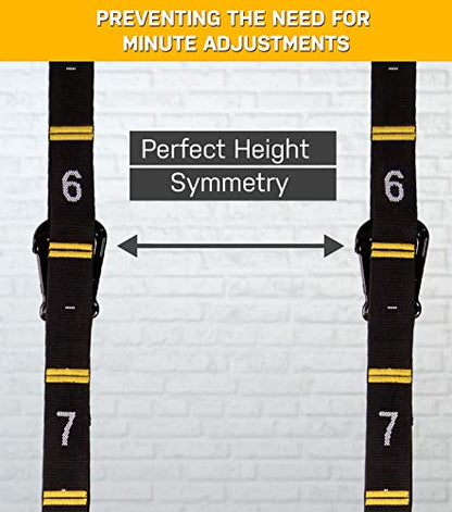 Double Circle Quick Adjust Numbered Straps for Gymnastic Rings - Carabiner System and Exercise Video Guide for Full Body Workout, Calisthenics, and Home Gym