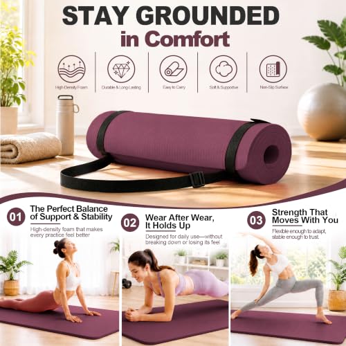 HULKFIT High Density Non Slip Yoga Mat, Extra Thick Exercise Mat with Carrying Strap, for Pilates, Fitness, Home Gym & Floor Workouts - Multiple Thickness & Multiple Color - color: Burgundy, size: 71"L x 24"W x 0.5"Th