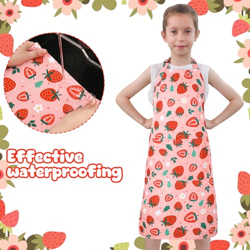 2 Pack Kids Apron, Cute Cooking Aprons, Waterproof Art Apron with Pockets, Toddler Painting Artist Apron Adjustable - color: Strawberry, size: 45*62cm