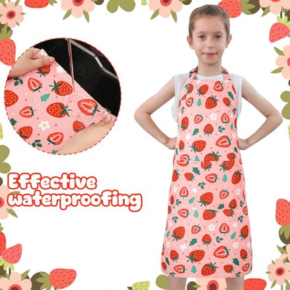 2 Pack Kids Apron, Cute Cooking Aprons, Waterproof Art Apron with Pockets, Toddler Painting Artist Apron Adjustable - color: Strawberry, size: 45*62cm
