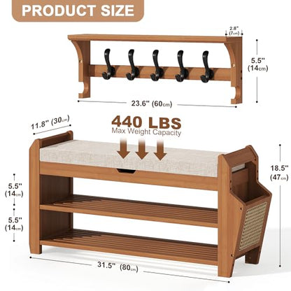 PETKABOO 31.5" Bamboo Shoe Rack Bench with Coat Rack, 3-Tier Entryway Bench with Thick Cushion, Flip-Top & Side Baskets, Holds Up to 550 LBS for Hallway, Living Room, Bedroom - color: 31.5" with Hook