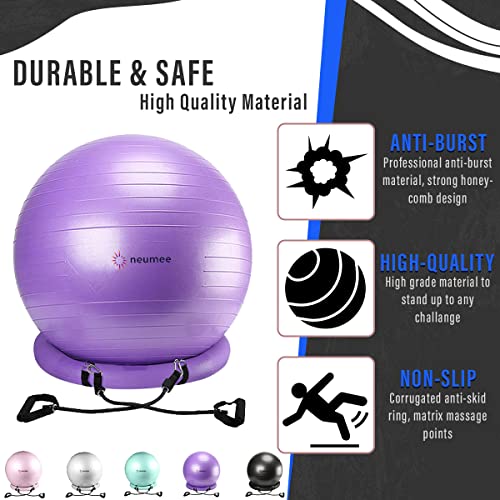Yoga Ball Chair with 65cm Exercise Ball & 2 Resistance Bands, Stability Base for Home Office, Yoga, Pilates & Fitness, Balance Ball for Posture, Core Strength & Low Impact Workouts - color: purple