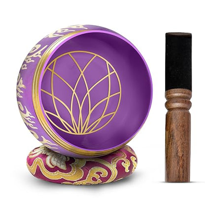 Tibetan Singing Bowl Set - 4" Easy To Play Authentic Handmade For Meditation Sound 7 Chakra Healing By HIMALAYAN BAZAAR (Purple, 4") - color: Purple