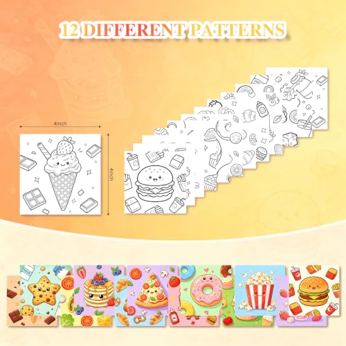 12 Packs Food-Themed Pre Drawn Canvas to Paint, Pre Printed Canvas for Painting, Pre Stretched Canvas Outline Painting Boards for Beginners, Students, Party Favors（4 * 4inch） - color: food