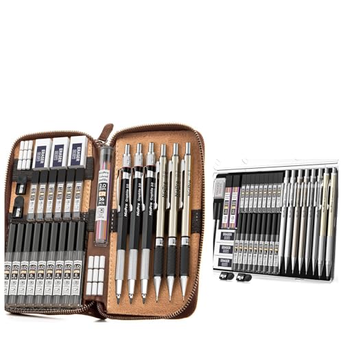 Nicpro 37PCS Metal Mechanical Pencil Set with 30PCS Art Mechanical Pencil Set in Leather Case