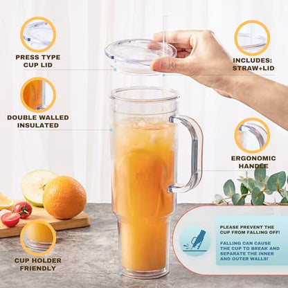 MEWAY 40 oz Acrylic Tumbler with Handle and Straw Lid，Double Wall Vacuum Reusable plastic Water Bottle Travel Mug Cup，Classic Tumblers Cupholder Friendly (2 Pack)