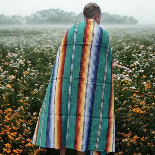 Striped Mexican Baja Blanket - Handmade Serape Throw in Soft Durable Woven Cotton Blend - Great for Beach, Yoga, Camping, Festivals and Home (Northern Lights (Teal)) - color: Northern Lights (Teal)