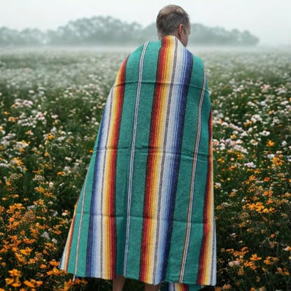 Striped Mexican Baja Blanket - Handmade Serape Throw in Soft Durable Woven Cotton Blend - Great for Beach, Yoga, Camping, Festivals and Home (Northern Lights (Teal)) - color: Northern Lights (Teal)