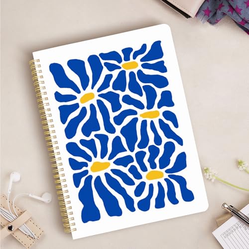 Cute Spiral Notebook journal A4 Aesthetic Pretty Design for Women Girls Kawaii with Pocket, 8.5 x 11 inch, Lined, Blue Flower - color: Blue Flower, style: Lined