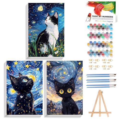 Reivworl 3 Pack Framed Paint by Numbers for Adults with Wooden Easel, Cat Paint by Numbers Kit for Adults Beginner, Acrylic Painting by Number for Home Decor 8X12 Inch - color: 07-Cat, size: 8X12 Inch