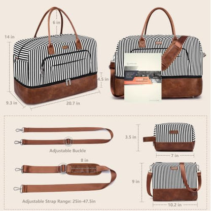 Large Women Travel Weekender Bag: Carry on Duffle with Shoe Compartment | Overnight Duffel Bags with Wet Pocket, Crossbody & Toiletry Bag, 3PCS Womens Traveling Tote Set for Hospital Gym Weekend Trip - color: 02 Black Striped