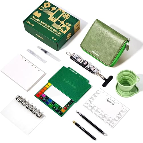 LIGHTWISH Travel Watercolor Set - 24 Colors Compact Art Kit with Refillable 100% Cotton Paper, Ceramic Palette, Watercolor Brush & Spray Bottle, Portable Painting Supplies for Artists & Beginners - color: Green