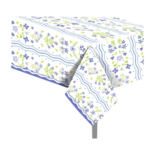 1Pc Blue Flowers Party Plastic Tablecloth 54 x 87 Inch Long Table Cover, Fresh Wildflowers Party Tablecover for Floral Theme Kids Baby Shower Birthday Dinner Picnic Kitchen Event - color: Blue Flowers