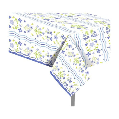 1Pc Blue Flowers Party Plastic Tablecloth 54 x 87 Inch Long Table Cover, Fresh Wildflowers Party Tablecover for Floral Theme Kids Baby Shower Birthday Dinner Picnic Kitchen Event - color: Blue Flowers