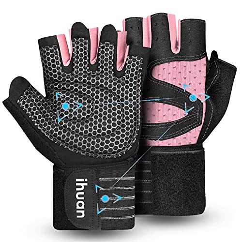 ihuan Ventilated Weight Lifting Gym Workout Gloves with Wrist Wrap Support for Men & Women, Full Palm Protection, for Weightlifting, Training, Fitness, Hanging, Pull ups - color: Pink, size: X-Small