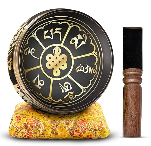 Tibetan Singing Bowl Set Bronze - Master Healing Grade - With Tibetan Thangka Art - Pure Tone By HIMALAYAN BAZAAR (Black & Yellow) - color: Black - Yellow