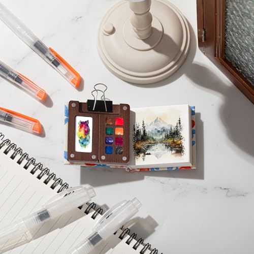Qilery Mini Portable Watercolor Palette Set Wooden Grid Paint Box Watercolor Paper Sketch Book Brush Pens with Binder Clip for Painters Artist Not Include Paint(Azalea) - style: Azalea