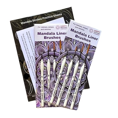Mandala Liner Brushes for dot Mandala Art - 4 pc Liner Paint Brush Set x 2 - Happy Dotting Company - Perfect for swipes and swooshes - Plus Practise Sheets with Instructions