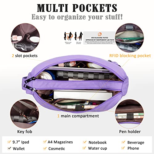 VOLGANIK ROCK RFID Purses for Women Fabric Nylon Multi Pocket Crossbody Bag Ladies Travel Handbag - color: Lavender, size: Standard