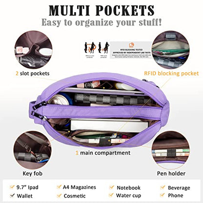 VOLGANIK ROCK RFID Purses for Women Fabric Nylon Multi Pocket Crossbody Bag Ladies Travel Handbag - color: Lavender, size: Standard