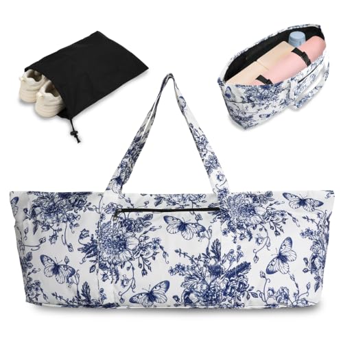 Yoga Mat Bag Yoga Tote Bag with Large Waterproof Zipper Pocket and Drawstring Pocket Yoga Mat Bag Carrier Fit Most Size Mats and All You Stuff - color: white blue