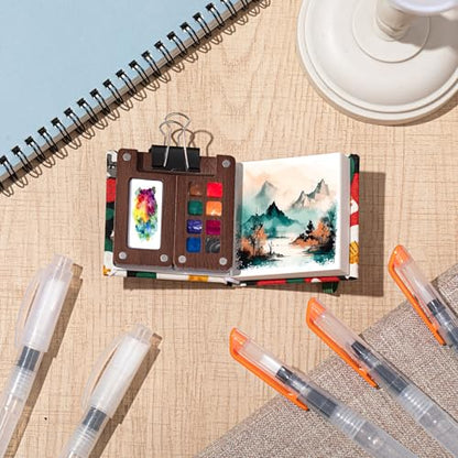 Qilery Mini Portable Watercolor Palette Set Wooden Grid Paint Box Watercolor Paper Sketch Book Brush Pens with Binder Clip for Painters Artist Not Include Paint(Cat) - style: Cat